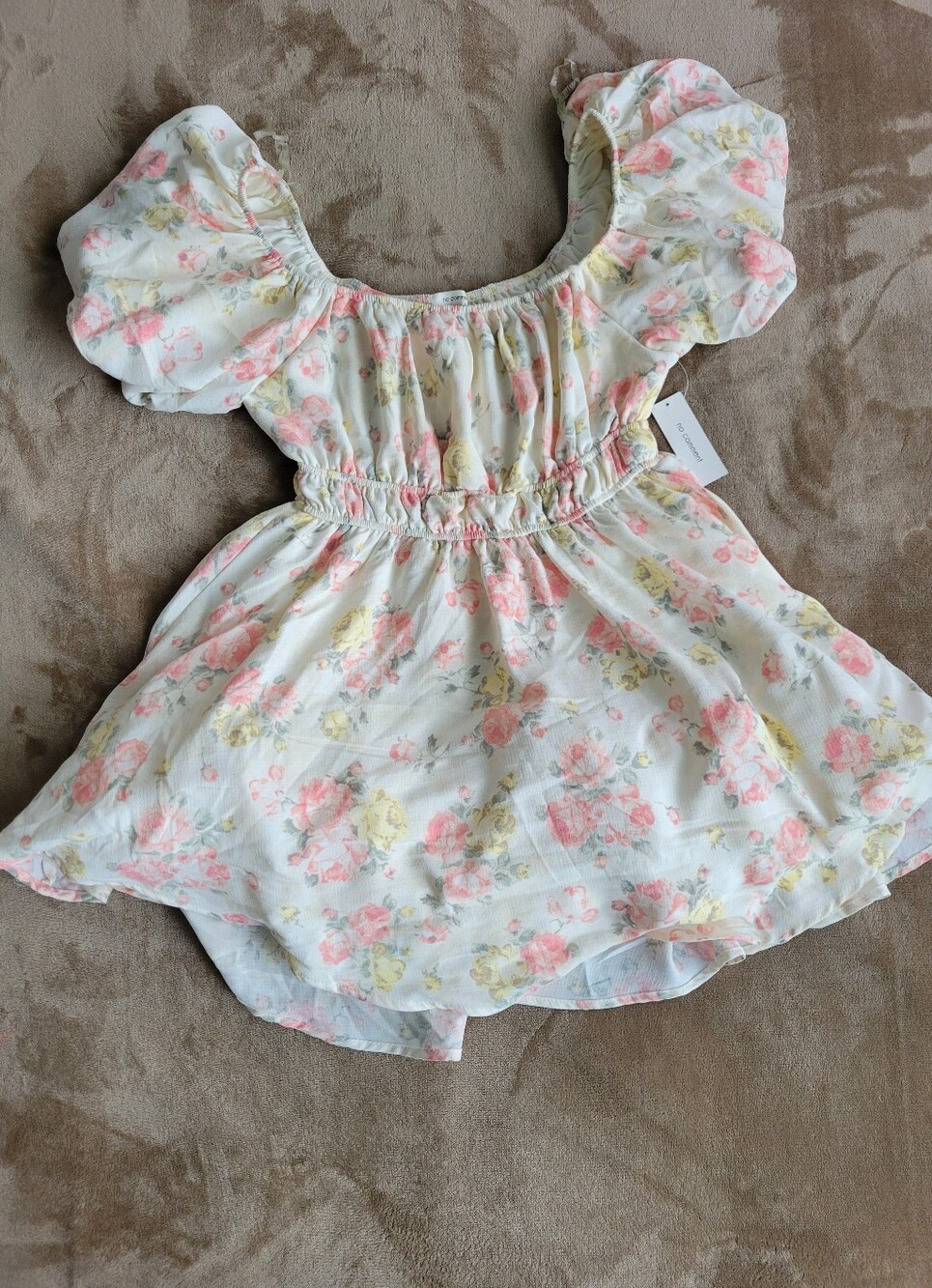 No Comment Girls Large White Floral Puff Sleeve Dress Pink Yellow Flowers